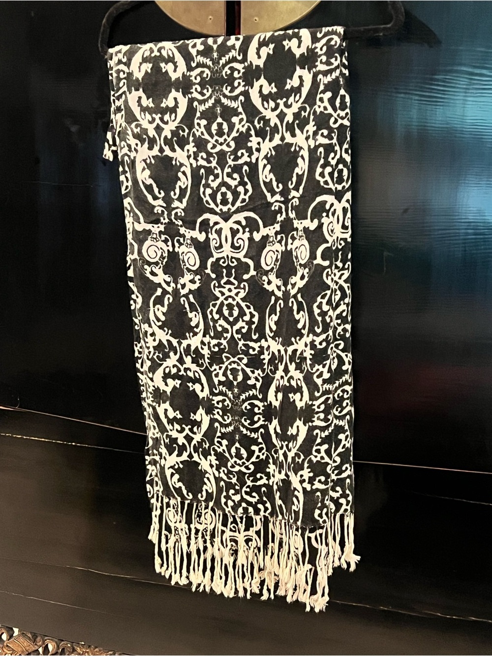 Black & White Patterned Fringe Scarf Wrap